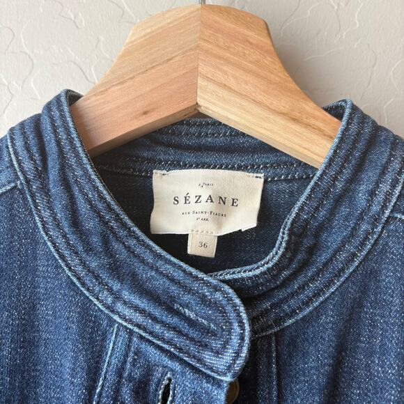 Sezane Dress Navi Denim Jean Long Sleeve Midi Dress Dark Blue Size 36 - Picture 5 of 8